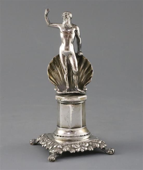 A 19th century Portuguese silver miniature model of Neptune? with shell (lacking trident), 7.5 oz.